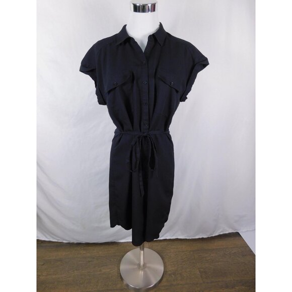 Express Dress Womens Medium Black Button Front Shirt Dress Belted Short Sleeve - Picture 1 of 12